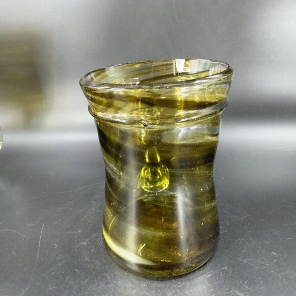 Art Glass Mug‎ Cup With Applied Clear Handle Green Black Swirls Lines Hand Made